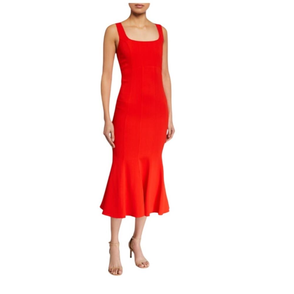 Veronica Beard Sz 0 Gloria Fluted Stretch-Crepe Midi Cocktail Red Dress